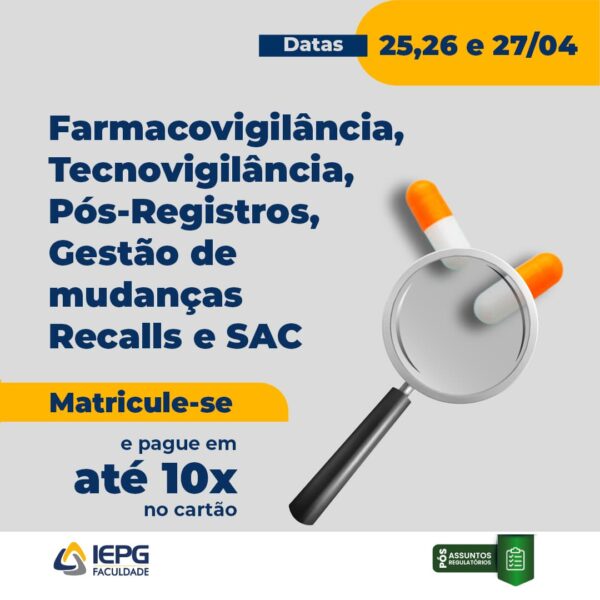 Curso de SAC, Farmacovigilância, Tecnovigilância, Pós Registros e Gestão de mudanças, Recalls (Remoto)